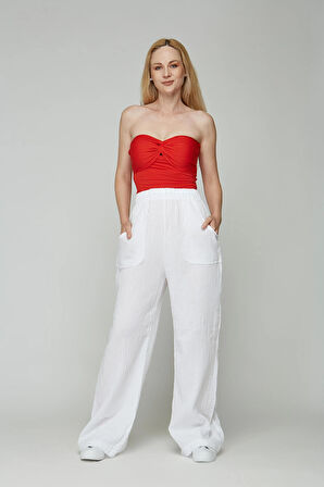 Kırmızı Kumaş Kadın Ultra Soft Straplez Crop Bluz