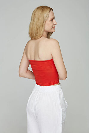 Kırmızı Kumaş Kadın Ultra Soft Straplez Crop Bluz