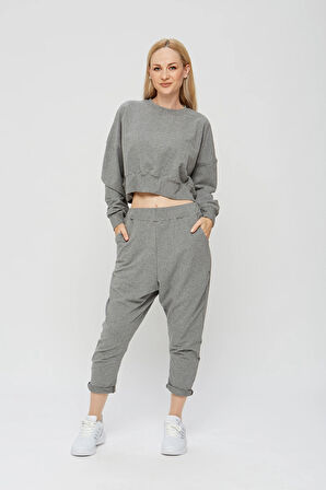 Gri Kadın Oversize Rahat Geniş %100 Pamuk Likra 3 lü Eşofman Takımı