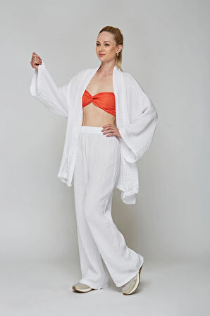 Beyaz Müslin %100 Pamuk Kimono & Pantolon 2 li Takım