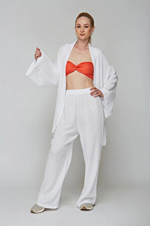 Beyaz Müslin %100 Pamuk Kimono & Pantolon 2 li Takım