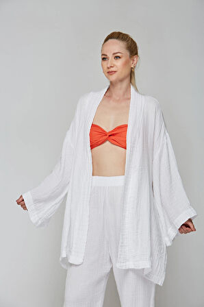 Beyaz Müslin %100 Pamuk Kimono & Pantolon 2 li Takım