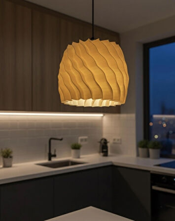 WAVE - Dalgalı Modern Ahşap Görünümlü Sarkıt Avize / Lamba - Sarı