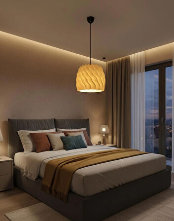 WAVE - Dalgalı Modern Ahşap Görünümlü Sarkıt Avize / Lamba - Sarı