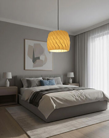 WAVE - Dalgalı Modern Ahşap Görünümlü Sarkıt Avize / Lamba - Sarı