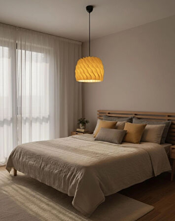 WAVE - Dalgalı Modern Ahşap Görünümlü Sarkıt Avize / Lamba - Sarı