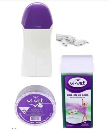 Vi vet Tüm Ciltler Azulen Kartuş Ağda + 2 Yıl garantili ağda makinesi + 10 Metre rulo ağda bezi vivet set z