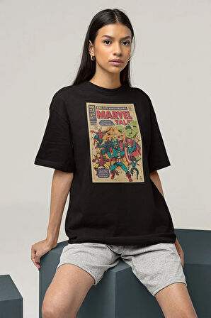 Marvel Tale Kahramanlar Baskılı Dergi Kapağı Baskılı Unisex Oversize Tişört