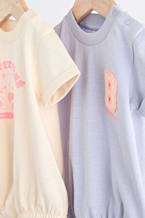 Next Baby % 100 Pamuklu Lila Krem Tavşan Desenli 2’li Romper Set