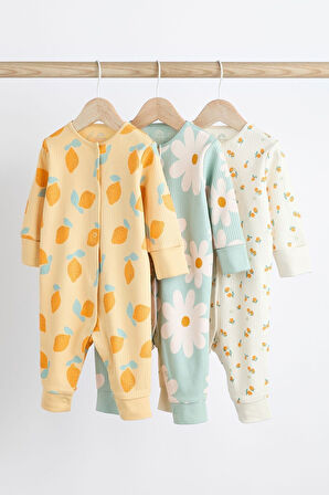 Next Baby % 100 Pamuklu Sarı Limon Çiçek Desenli 3’lü Tulum Set