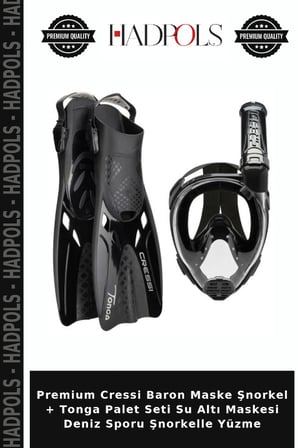 Premium Cressi Baron Maske Şnorkel + Tonga Palet Seti Su Altı Maskesi Deniz Sporu Şnorkelle Yüzme