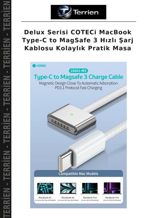 Delux Serisi COTECi MacBook Type-C to MagSafe 3 Hızlı Şarj Kablosu Kolaylık Pratik Masa