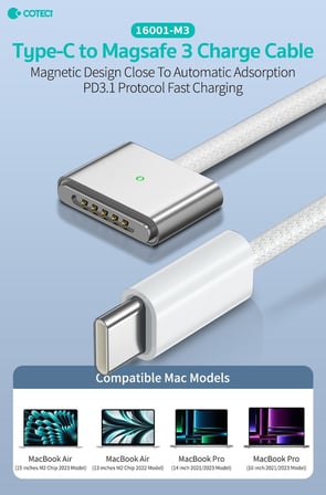 Delux Serisi COTECi MacBook Type-C to MagSafe 3 Hızlı Şarj Kablosu Kolaylık Pratik Masa