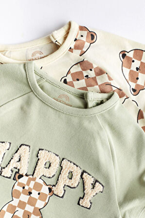 Next Baby Baby % 100 Pamuklu Yeşil Ayı Desenli 2’li Romper Set