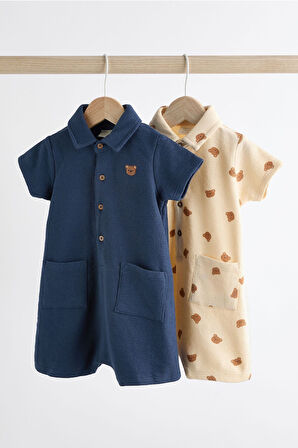 Next Baby Next Baby % 100 Pamuklu Lacivert Krem Polo Yaka 2’li Romper Set