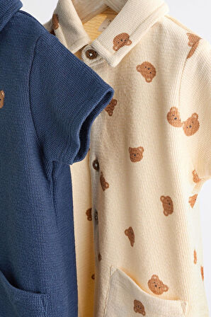 Next Baby Next Baby % 100 Pamuklu Lacivert Krem Polo Yaka 2’li Romper Set