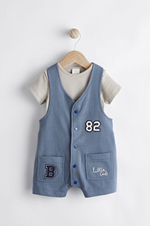 Next Baby % 100 Pamuklu Mavi Cepli Salopet Gri Body Zıbın 2’li Set