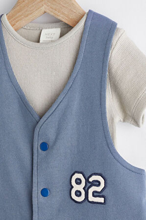 Next Baby % 100 Pamuklu Mavi Cepli Salopet Gri Body Zıbın 2’li Set