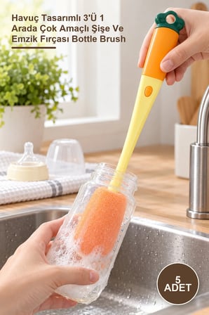 5 Adet Biberon Temizleme Fırçası – Havuç Tasarımlı 3'Ü 1 Arada Çok Amaçlı Şişe Ve Emzik Fırçası Bottle Brush