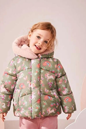 Next Baby Yeşil Unicorn Desenli Tam Polar Astarlı Kapüşonlu Mont