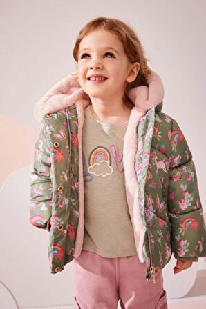 Next Baby Yeşil Unicorn Desenli Tam Polar Astarlı Kapüşonlu Mont