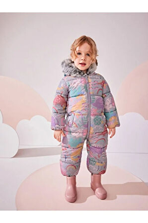 Lila Dinozor Desenli Tam Polar Astarlı Kapüşonlu Suya Dayanıklı Astronot Tulum