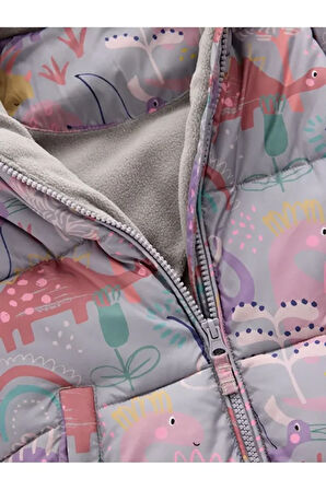 Lila Dinozor Desenli Tam Polar Astarlı Kapüşonlu Suya Dayanıklı Astronot Tulum