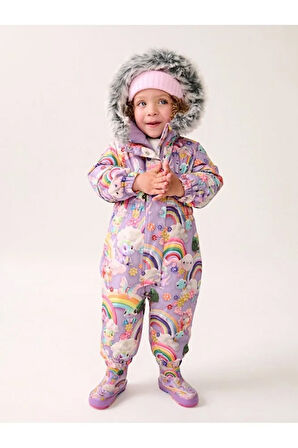 Lila Unicorn Desenli Tam Polar Astarlı Kapüşonlu Suya Dayanıklı Astronot Tulum