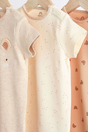 Next Baby % 100 Pamuklu Krem Ayıcık Desenli 3’lü Romper Set