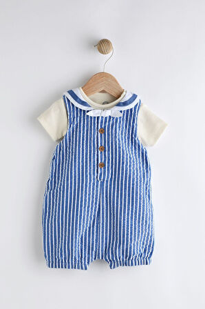Next Baby Pamuklu Mavi Şerit Desenli Denizci Salopet Body Zıbın Set