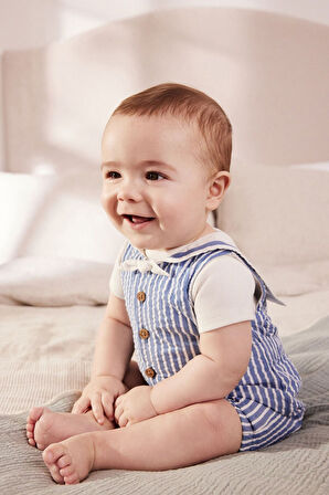 Next Baby Pamuklu Mavi Şerit Desenli Denizci Salopet Body Zıbın Set