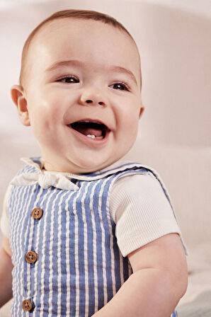 Next Baby Pamuklu Mavi Şerit Desenli Denizci Salopet Body Zıbın Set
