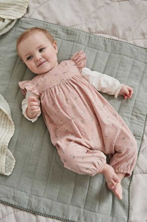 Next Baby Pamuklu Pembe Çiçek Desenli Bebek Body  Zıbın Salopet Takımı