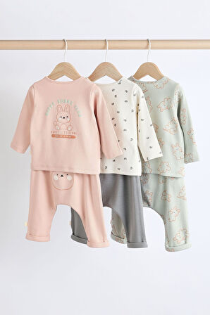 Next Baby Pamuklu Pembe Adaçayı Yeşili Uzun Kollu 3’lü Alt Üst Takım