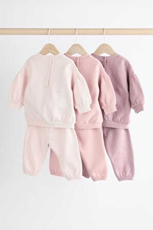 Next Baby Pamuklu Şardonlu Pembe Krem Uzun Kollu 3’lü Jogger Alt Üst Takım