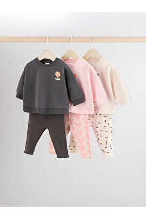 Next Baby Pamuklu Siyah Pembe Çiçek Desenli Uzun Kollu 3'lü Alt Üst Takım