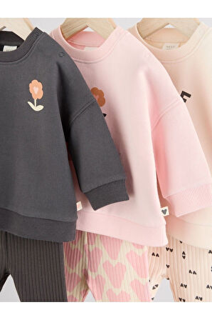 Next Baby Pamuklu Siyah Pembe Çiçek Desenli Uzun Kollu 3'lü Alt Üst Takım