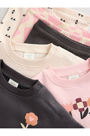 Next Baby Pamuklu Siyah Pembe Çiçek Desenli Uzun Kollu 3'lü Alt Üst Takım