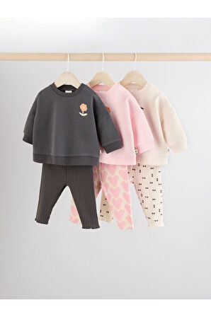 Next Baby Pamuklu Siyah Pembe Çiçek Desenli Uzun Kollu 3'lü Alt Üst Takım