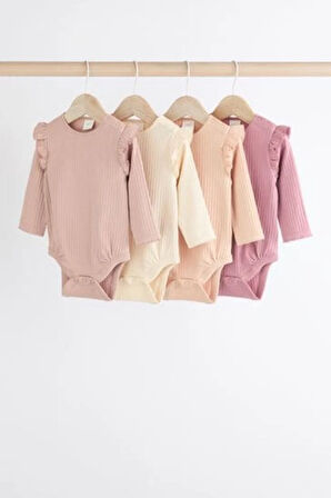 Next Baby % 100 Pamuklu Pembe Fırfırlı Uzun Kollu 4'lü Body Zıbın Set
