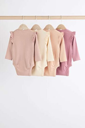 Next Baby % 100 Pamuklu Pembe Fırfırlı Uzun Kollu 4'lü Body Zıbın Set