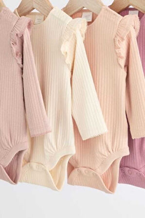 Next Baby % 100 Pamuklu Pembe Fırfırlı Uzun Kollu 4'lü Body Zıbın Set