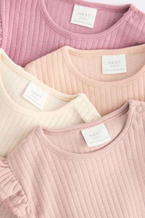 Next Baby % 100 Pamuklu Pembe Fırfırlı Uzun Kollu 4'lü Body Zıbın Set