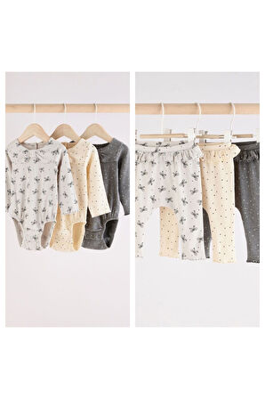 Next Baby Pamuklu Krem Gri Çiçek Desenli Uzun Kollu Body Zıbın Tayt 3’ lü Alt Üst Takım