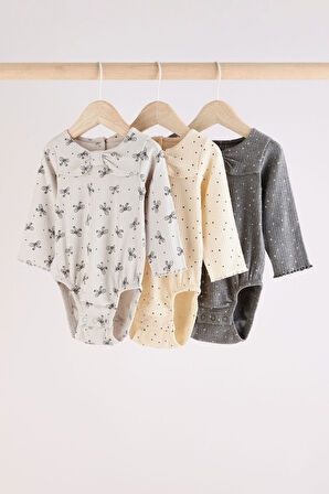 Next Baby Pamuklu Krem Gri Çiçek Desenli Uzun Kollu Body Zıbın Tayt 3’ lü Alt Üst Takım