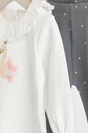 Next Baby Beyaz Gri Kuğu Desenli Uzun Kollu Taytlı Alt Üst Takım