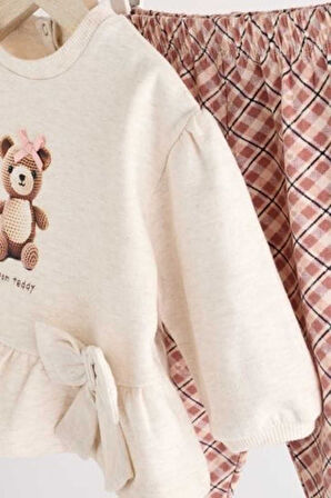 Next Baby Pamuklu Krem Ayıcık Desenli Uzun Kollu Alt Üst Takım