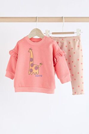Next Baby Pamuklu Pembe Zürafa Desenli  Sweat Üst ve Tayt Alt Üst Takım
