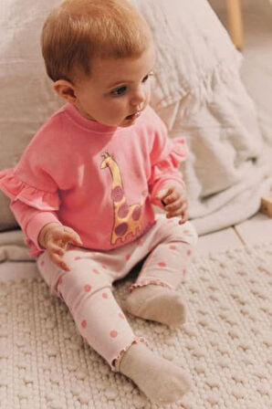 Next Baby Pamuklu Pembe Zürafa Desenli  Sweat Üst ve Tayt Alt Üst Takım