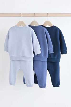 Next Baby Pamuklu Mavi Lacivert Uzun Kollu Şardonlu 3'lü Jogger Alt Üst Takım